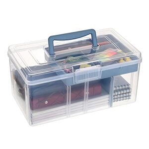 btsky 2 layer clear plastic dividing storage box with removable tray multipurpose stationery storage box with handle portable sewing box art craft supply organizer home utility box (big blue)