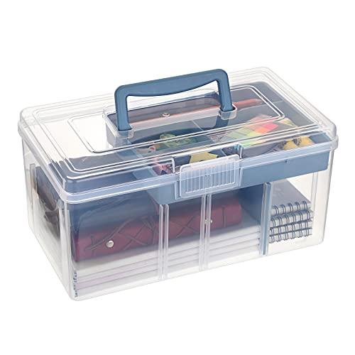 BTSKY 2 Layer Clear Plastic Dividing Storage Box with Removable Tray Multipurpose Stationery Storage Box with Handle Portable Sewing Box Art Craft Supply Organizer Home Utility Box (Big Blue)