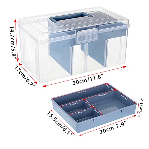 BTSKY 2 Layer Clear Plastic Dividing Storage Box with Removable Tray Multipurpose Stationery Storage Box with Handle Portable Sewing Box Art Craft Supply Organizer Home Utility Box (Big Blue)