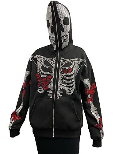 Creaion Rhinestone Butterfly Skeleton Hoodie Y2k Full Zip Up Hoodies for Men over Face Graphic Skull Rib Cage Casual Aesthetic Goth Hood Sweatshirt Jacket