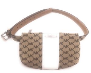 michael kors 556137c brown/khaki/white logo design with silver hardware women's adjustable belt bag waist pack (l/xl)