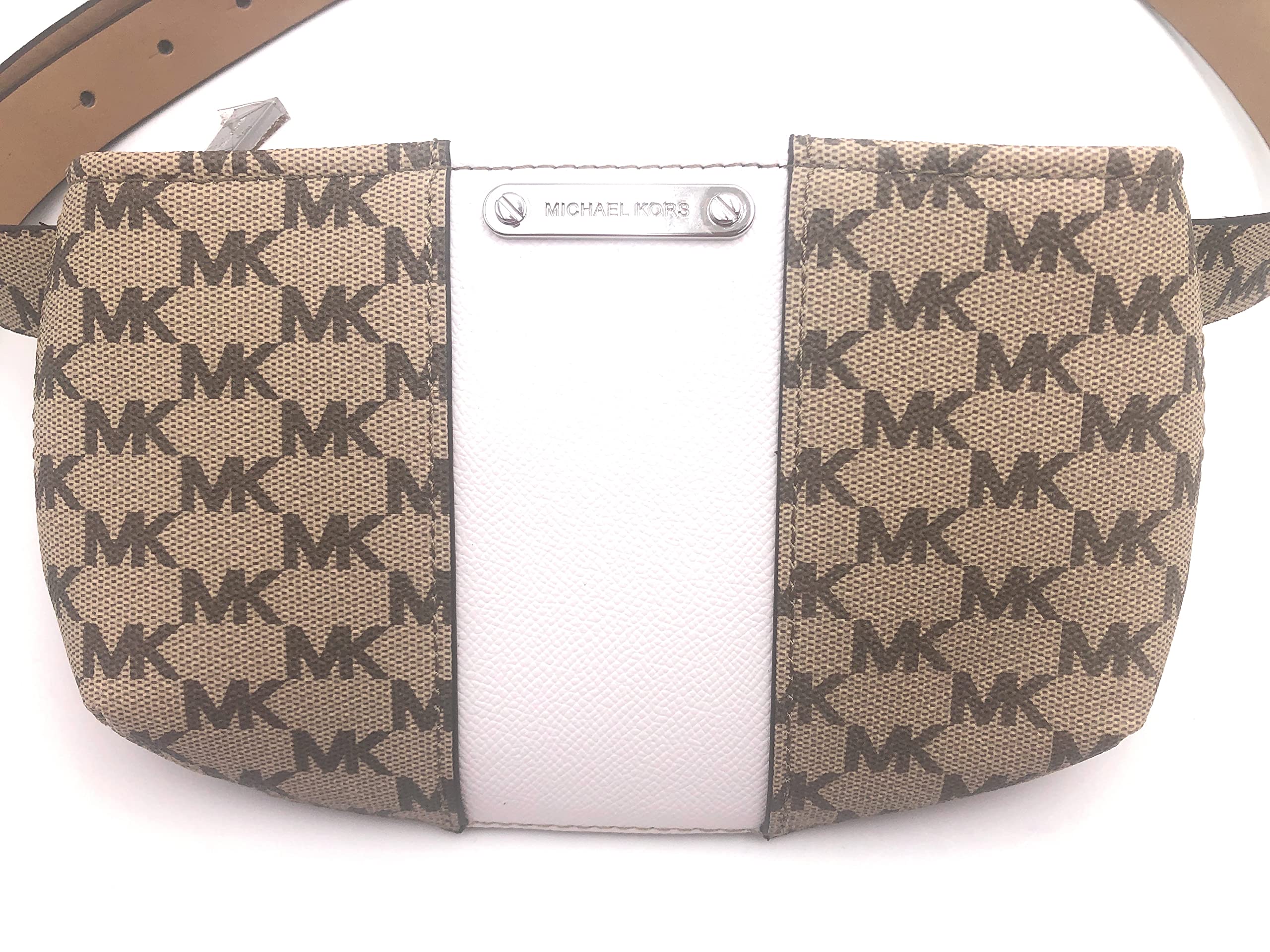 Michael Kors 556137C Brown/Khaki/White Logo Design With Silver Hardware Women's Adjustable Belt Bag Waist Pack (L/XL)