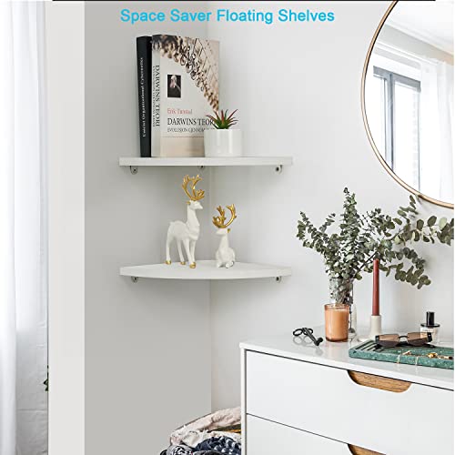 JORIKCHUO 10 inch Corner Wall Shelf Set of 2, Solid Wood Corner Floating Shelves for Wall, Round End Wall Mounted Floating Shelf for Bedroom, Living Room and Kitchen (White-10 inch)