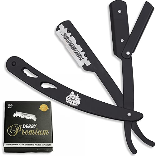 The Shave Factory Straight Edge Razor Kit - Straight Edge Razor with Single Edge Razor, Straight Razor, Straight Razors for Men (Black / 100 Derby Premium Single Edge Razor Blades)