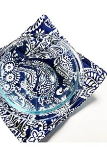 best in blue cotton print microwave bowl cozy - 8.5 inches for up to 8 inch bowls - home made in texas, usa (mercy paisley - navy & white)