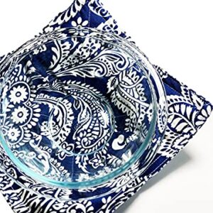 Best in Blue Cotton Print Microwave Bowl Cozy - 8.5 inches for up to 8 inch bowls - Home Made in Texas, USA (Mercy Paisley - Navy & White)