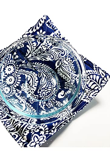 Best in Blue Cotton Print Microwave Bowl Cozy - 8.5 inches for up to 8 inch bowls - Home Made in Texas, USA (Mercy Paisley - Navy & White)