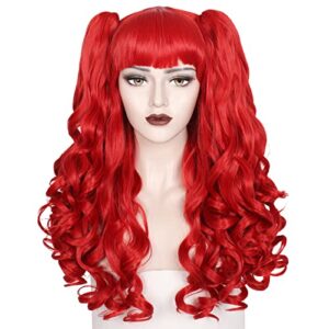 weken long curly red cosplay wig with pigtails lolita detachable ponytail wig for women girls halloween costume party