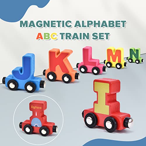 Atoylink 27 Pcs Wooden Train Cars Set Toddlers Magnetic Alphabet Animal Train Toy Kids Boys Girls Letter Cars Montessori Educational Toys for Age 3 4 5 6 7 8