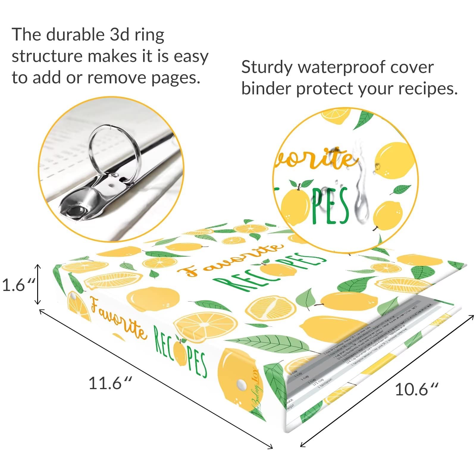 Recipe Binder 8.5x11 3 Ring, Recipe Book to Write in Your Favorite Recipes, Recipe Organizer with Cards, Sleeves and Dividers, Recipe Binder Full Page (Lemon,Full-page)