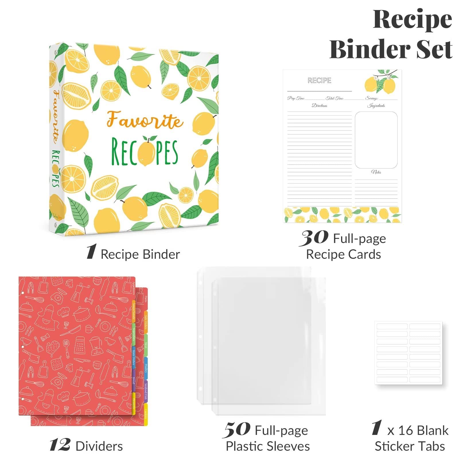 Recipe Binder 8.5x11 3 Ring, Recipe Book to Write in Your Favorite Recipes, Recipe Organizer with Cards, Sleeves and Dividers, Recipe Binder Full Page (Lemon,Full-page)