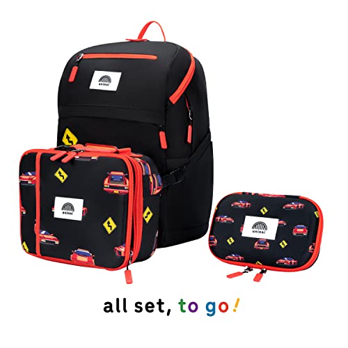 uninni Race Car Kids Backpack Set for Age 6+, fits for height 3'9" above kids with Lightweight Insulated Lunch Bag and Cute Pencil Case for Boys and Girls