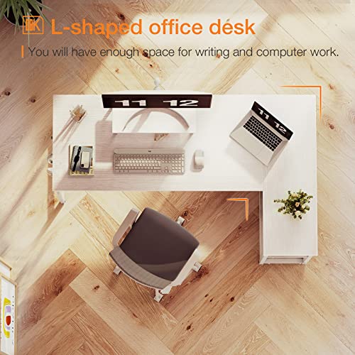 ODK Small L Shaped Computer Desk with Reversible Storage Shelves, 58 Inch Corner Desk with Monitor Stand for Small Space, Modern Simple Writing Study Table for Home Office Workstation, White