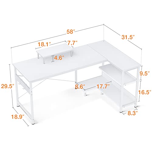 ODK Small L Shaped Computer Desk with Reversible Storage Shelves, 58 Inch Corner Desk with Monitor Stand for Small Space, Modern Simple Writing Study Table for Home Office Workstation, White