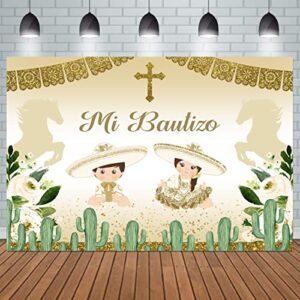mi bautizo backdrop boy or girl first communion christening background green cactus horse cross newborn baby shower party decoration picture decor gold baptism banner 7x5ft, lh0d433uu
