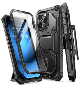 i-blason armorbox designed for iphone 14 pro case 6.1 inch (2022 release) with kickstand & belt clip holster, full body protective bumper case with built-in screen protector (black)