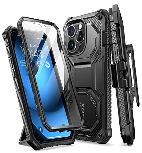 i-Blason Armorbox Designed for iPhone 14 Pro Case 6.1 inch (2022 Release) with Kickstand & Belt Clip Holster, Full Body Protective Bumper Case with Built-in Screen Protector (Black)