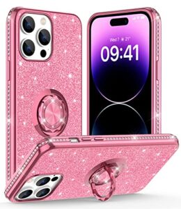 ocyclone compatible with iphone 14 pro case 6.1 inch, glitter sparkle diamond case with ring stand protective phone case compatible for iphone 14 pro case for women girls - pink