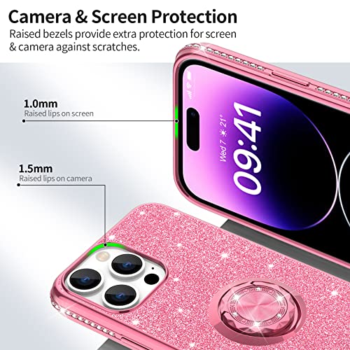 OCYCLONE Compatible with iPhone 14 Pro Case 6.1 inch, Glitter Sparkle Diamond Case with Ring Stand Protective Phone Case Compatible for iPhone 14 Pro Case for Women Girls - Pink