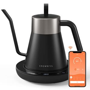 crownful smart electric gooseneck kettle with 4 variable presets, ±1℉ temperature control, 0.8l capacity, 1200w quick heating, 100% stainless steel, pour over coffee kettle, alexa control