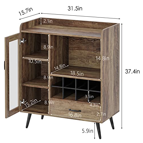 SogesHome Wine Cabinet with 1-Glass Door&Drawer, 3-Tier Storage Cabinet with 8-Wine Cubes, Home Wine Storage Sideboard with Bottle Holder for Entryway, Living Room, Kitchen, Restaurant, Caro Oak