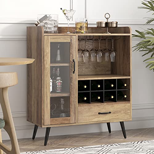 SogesHome Wine Cabinet with 1-Glass Door&Drawer, 3-Tier Storage Cabinet with 8-Wine Cubes, Home Wine Storage Sideboard with Bottle Holder for Entryway, Living Room, Kitchen, Restaurant, Caro Oak