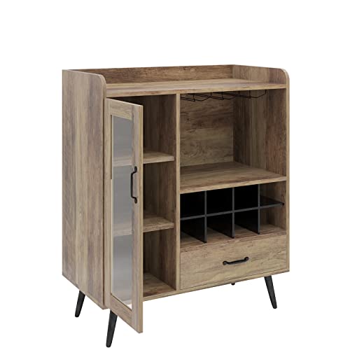 SogesHome Wine Cabinet with 1-Glass Door&Drawer, 3-Tier Storage Cabinet with 8-Wine Cubes, Home Wine Storage Sideboard with Bottle Holder for Entryway, Living Room, Kitchen, Restaurant, Caro Oak