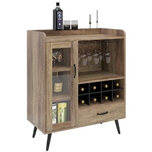 SogesHome Wine Cabinet with 1-Glass Door&Drawer, 3-Tier Storage Cabinet with 8-Wine Cubes, Home Wine Storage Sideboard with Bottle Holder for Entryway, Living Room, Kitchen, Restaurant, Caro Oak