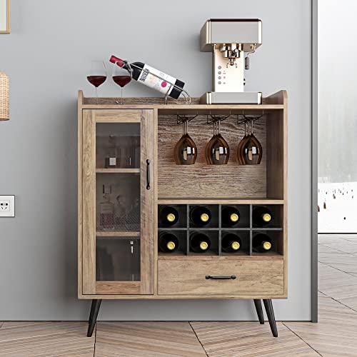 SogesHome Wine Cabinet with 1-Glass Door&Drawer, 3-Tier Storage Cabinet with 8-Wine Cubes, Home Wine Storage Sideboard with Bottle Holder for Entryway, Living Room, Kitchen, Restaurant, Caro Oak