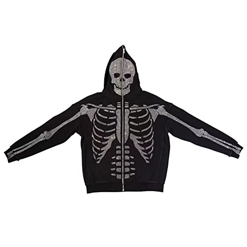 NaranjaBurbuja Y2K Skeleton Oversized Full Zip Up Hoodie Women Rhinestone Skull Graphic Sweatshirt E-Girl StreetweaR Black