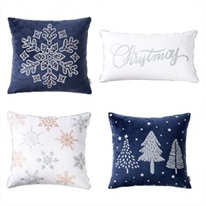 cozy bliss snowflake decorative pillow cover 4 pcs reflective print christmas decor velour throw pillowcase cover winter holiday cushion case set of 4, 18x18inches/12x20inches