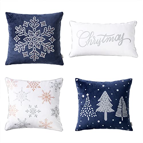 Cozy Bliss Snowflake Decorative Pillow Cover 4 Pcs Reflective Print Christmas Decor Velour Throw Pillowcase Cover Winter Holiday Cushion Case Set of 4, 18x18Inches/12x20Inches