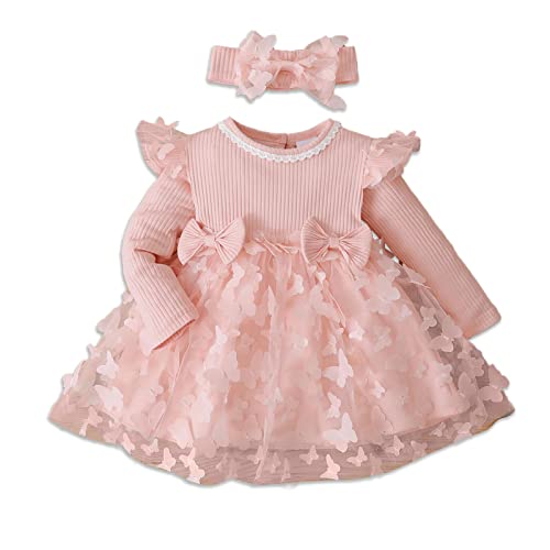 PATPAT Baby Girl Dress Long Sleeve Tutu Dress Infant Girl Tulle Dress Flower Girl Party Birthday Princess Dresses Light Pink 18-24 Months