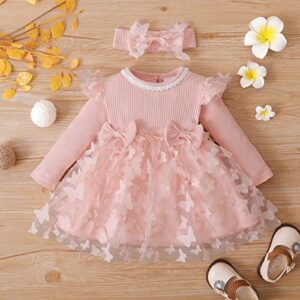 PATPAT Baby Girl Dress Long Sleeve Tutu Dress Infant Girl Tulle Dress Flower Girl Party Birthday Princess Dresses Light Pink 18-24 Months