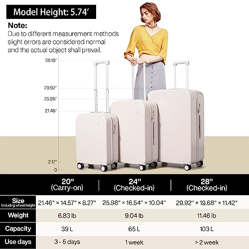 Mixi 3-Piece Luggage Set Hardside PC Travel Suitcase Rolling Bag Spinner Wheels TSA Lock, 20+24+28 Off White(Slight Pink), with Cover