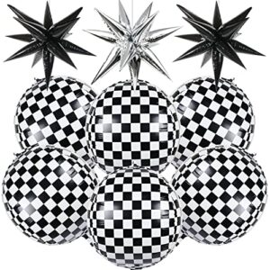 6 pcs race car checkered balloons 3 pcs explosion pointed star foil balloons for racing party decorations, 22'' jumbo sphere 4d black and white checkered flag mylar balloons for birthday party