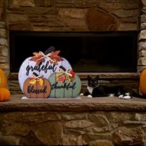 CYNOSA Fall Decorations for Home Blessed Grateful Thankful Sign Fall Decor Thanksgiving Decorations Wooden Pumpkin Tabletop Signs for Home Thanksgiving Farmhouse Living Room Harvest