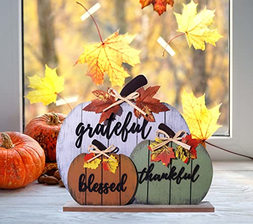 CYNOSA Fall Decorations for Home Blessed Grateful Thankful Sign Fall Decor Thanksgiving Decorations Wooden Pumpkin Tabletop Signs for Home Thanksgiving Farmhouse Living Room Harvest