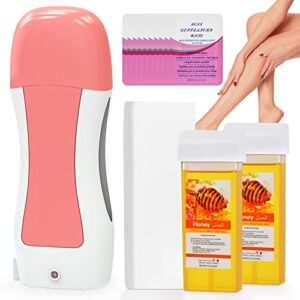 roll on wax kit for hair removal, honey wax roller waxing kit for sensitive skin at home, depilatory soft wax warmer with 2 cartridge refill 10 wax-removing wipes and 100pcs wax strips（pink）