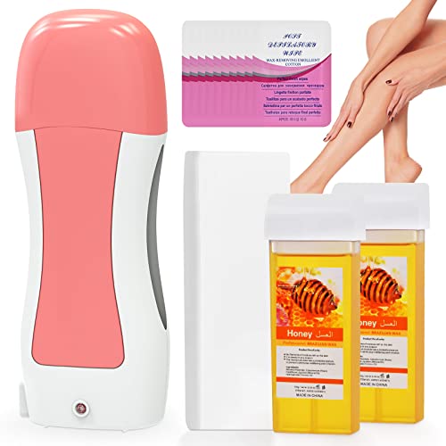 Roll On Wax Kit for Hair Removal, Honey Wax Roller Waxing Kit for Sensitive Skin at Home, Depilatory Soft Wax Warmer with 2 Cartridge Refill 10 Wax-removing wipes and 100pcs Wax Strips（Pink）