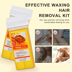 Roll On Wax Kit for Hair Removal, Honey Wax Roller Waxing Kit for Sensitive Skin at Home, Depilatory Soft Wax Warmer with 2 Cartridge Refill 10 Wax-removing wipes and 100pcs Wax Strips（Pink）