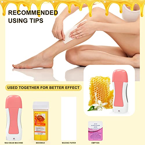 Roll On Wax Kit for Hair Removal, Honey Wax Roller Waxing Kit for Sensitive Skin at Home, Depilatory Soft Wax Warmer with 2 Cartridge Refill 10 Wax-removing wipes and 100pcs Wax Strips（Pink）