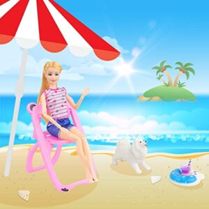 Ecore Fun 15 Pcs Doll Camping and Accessories Set for 11.5 Inch Girl Doll Includes Doll Tent, Clothes, Chair, Camera, Drink, Cupcake, Donut, Telescope, Toy Dog, Bag