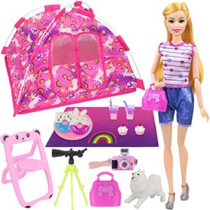 ecore fun 15 pcs doll camping and accessories set for 11.5 inch girl doll includes doll tent, clothes, chair, camera, drink, cupcake, donut, telescope, toy dog, bag