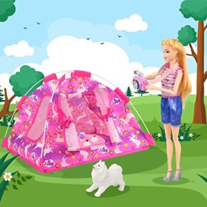 Ecore Fun 15 Pcs Doll Camping and Accessories Set for 11.5 Inch Girl Doll Includes Doll Tent, Clothes, Chair, Camera, Drink, Cupcake, Donut, Telescope, Toy Dog, Bag