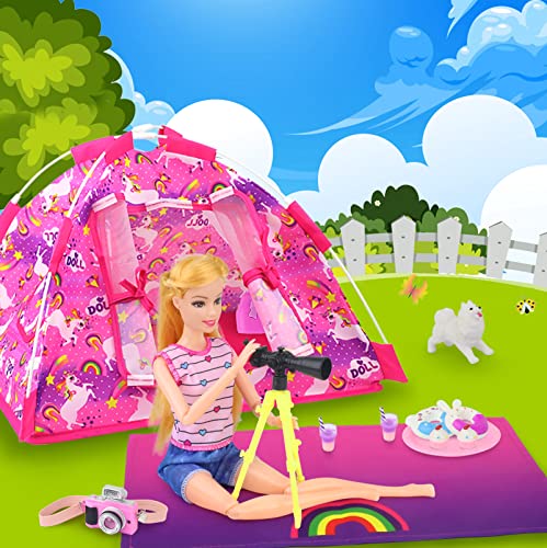 Ecore Fun 15 Pcs Doll Camping and Accessories Set for 11.5 Inch Girl Doll Includes Doll Tent, Clothes, Chair, Camera, Drink, Cupcake, Donut, Telescope, Toy Dog, Bag