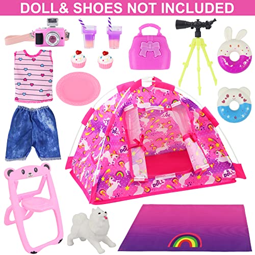 Ecore Fun 15 Pcs Doll Camping and Accessories Set for 11.5 Inch Girl Doll Includes Doll Tent, Clothes, Chair, Camera, Drink, Cupcake, Donut, Telescope, Toy Dog, Bag