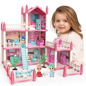 doll house dream house for girls - diy 3 story 6 rooms pink dollhouse with 6 dolls toy figures, pet dog, furniture, pretend play house with accessories, ideal birthday toy for girls