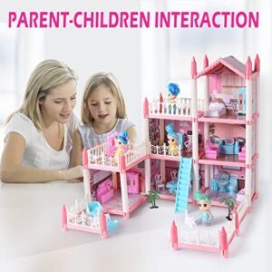 Doll House Dream House for Girls - DIY 3 Story 6 Rooms Pink Dollhouse with 6 Dolls Toy Figures, Pet Dog, Furniture, Pretend Play House with Accessories, Ideal Birthday Toy for Girls