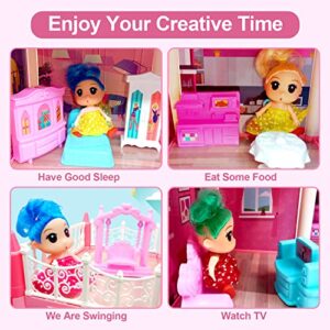 Doll House Dream House for Girls - DIY 3 Story 6 Rooms Pink Dollhouse with 6 Dolls Toy Figures, Pet Dog, Furniture, Pretend Play House with Accessories, Ideal Birthday Toy for Girls